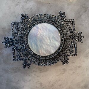 Sterling Silver Vintage Mother of Pearl & Marcasite BROOCH PIN